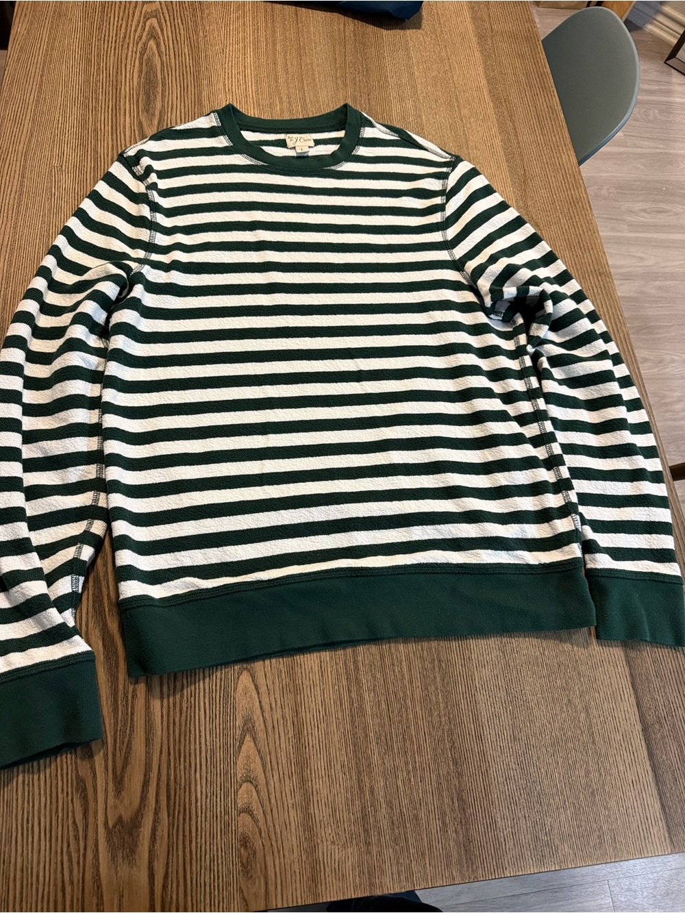 J. Crew Green and White Striped Crewneck Sweater